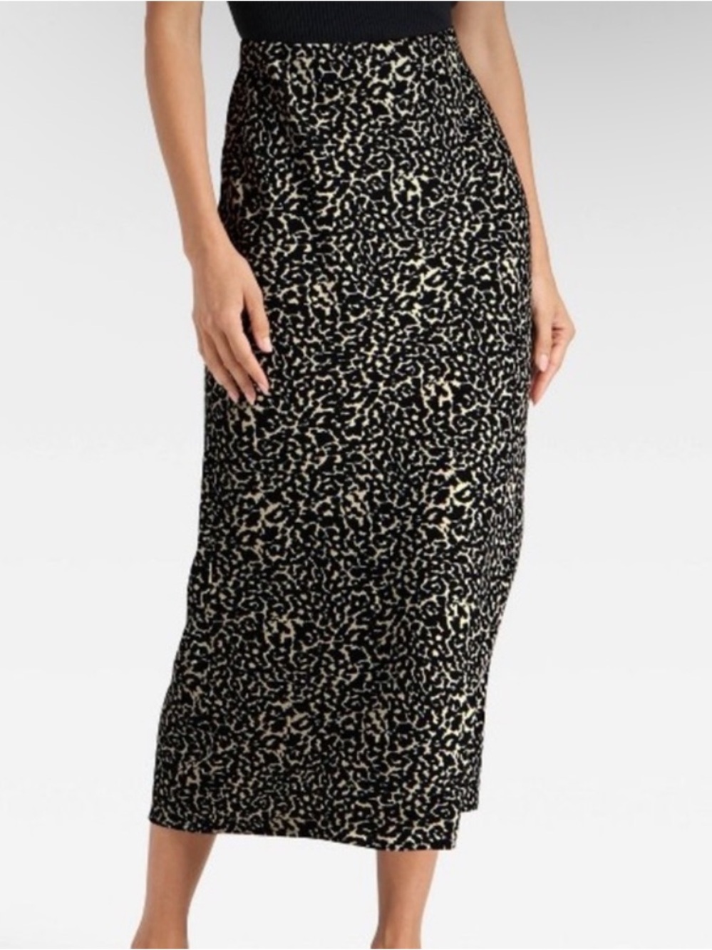 Woman's Satin Black and Cream Animal Print Midi Skirt